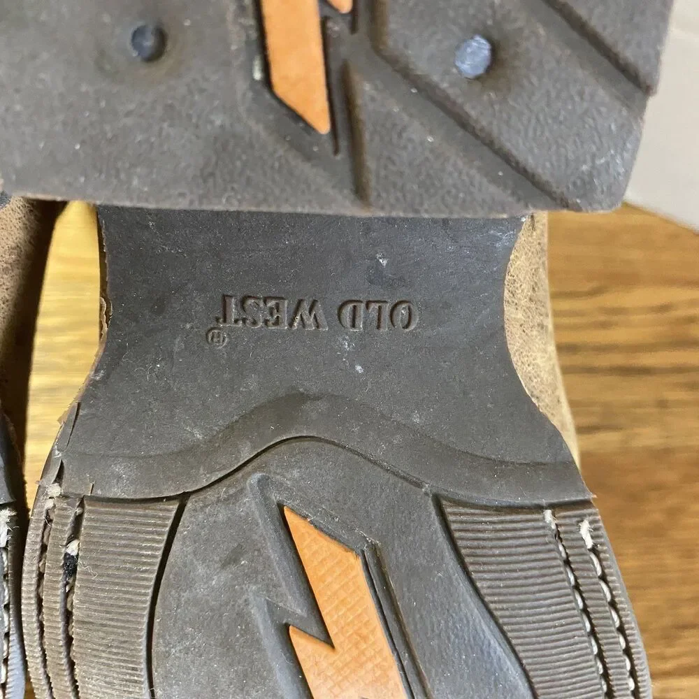 Old West Boys Square Toe Leather Cowboy Boots Sz 1.0 D Brown/Blue Pull On